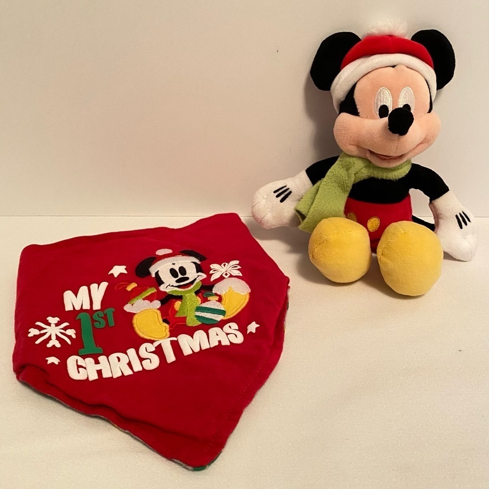 Disney Baby Mickey Mouse Plush Toy & "My 1st Christmas" Reversible Baby Bib